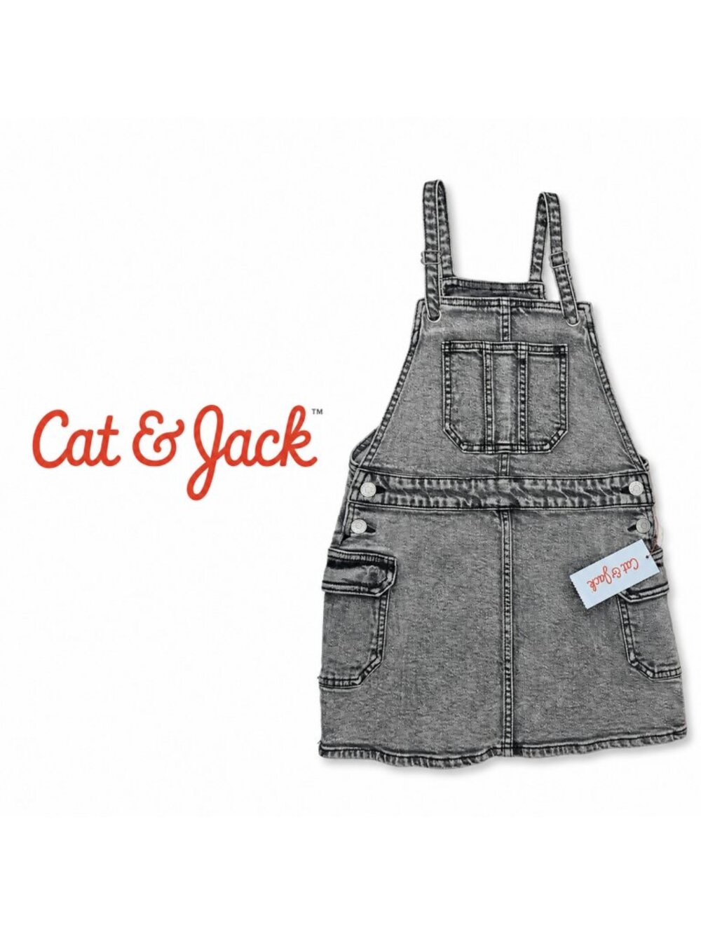 Cat & Jack Girls Gray Denim Overall Jumper Dress Size Small (6/6X)